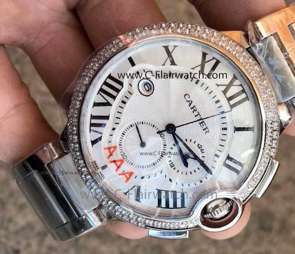 Copy Cartier Ballon Bleu Chrono Stainless Steel Diamond Watch